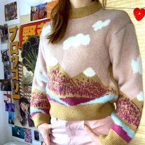 Scenic Patterned Sweater - Pink and Gold very thick
